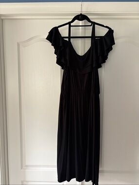 LOFT Black Off-Shoulder Ruffle Midi Dress